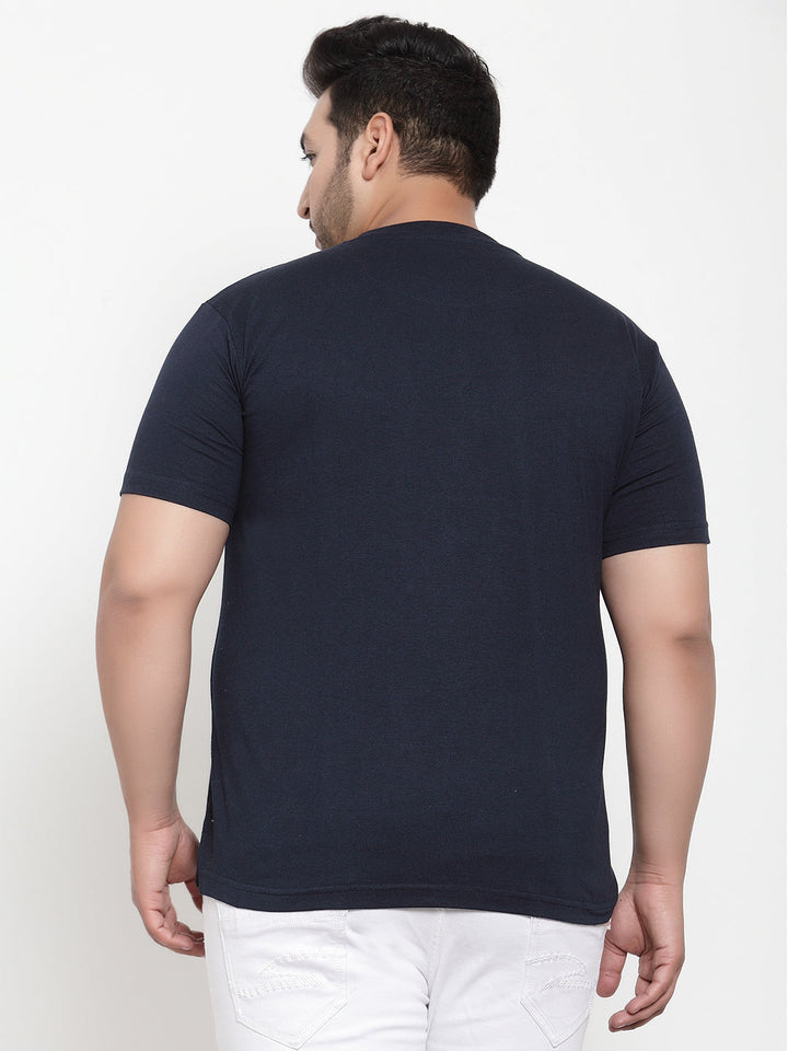 Plus Size Men Navy Blue Printed Round Neck Pure Cotton T-shirt