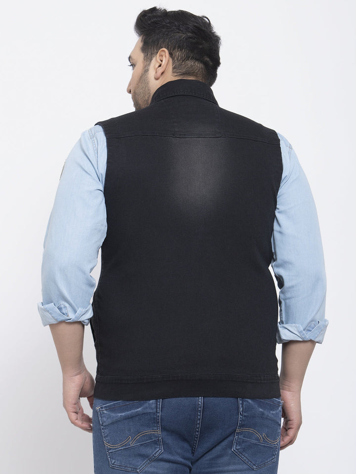 Plus Size Men  Black Solid Sleeveless Denim Jacket