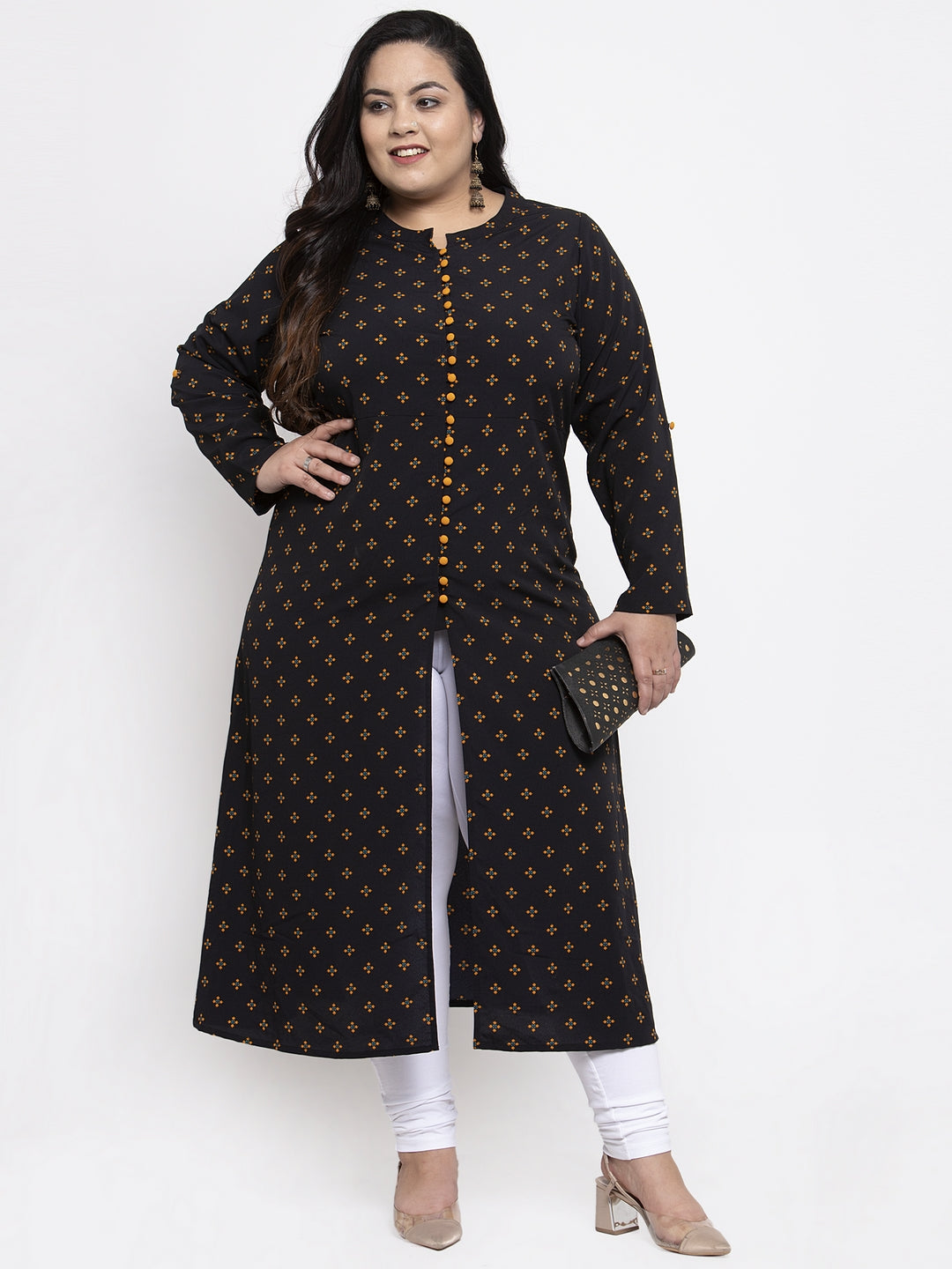Plus Size Women Black Woven Design A-Line Kurta
