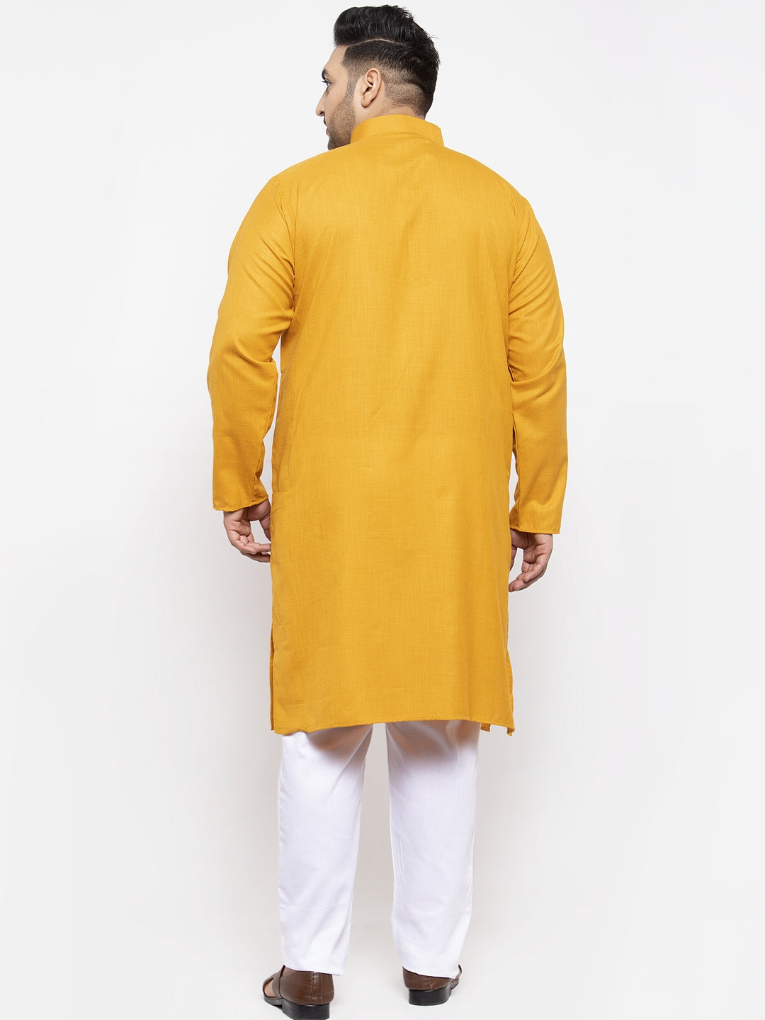 Plus Size Men Mustard Yellow  White Solid Kurta with Pyjamas