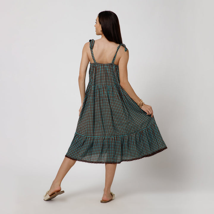 Brown Turqoise Check Tiered Dress