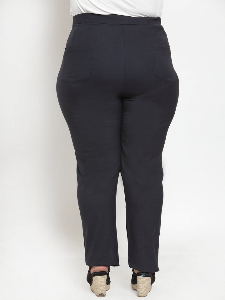 Plus Size Women Navy Blue Regular Fit Solid Regular Trousers
