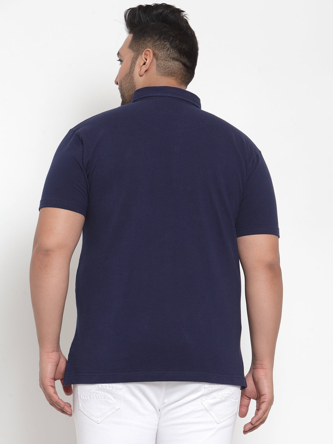 Plus Size Men Navy Blue Solid Polo Collar Pure Cotton T-shirt