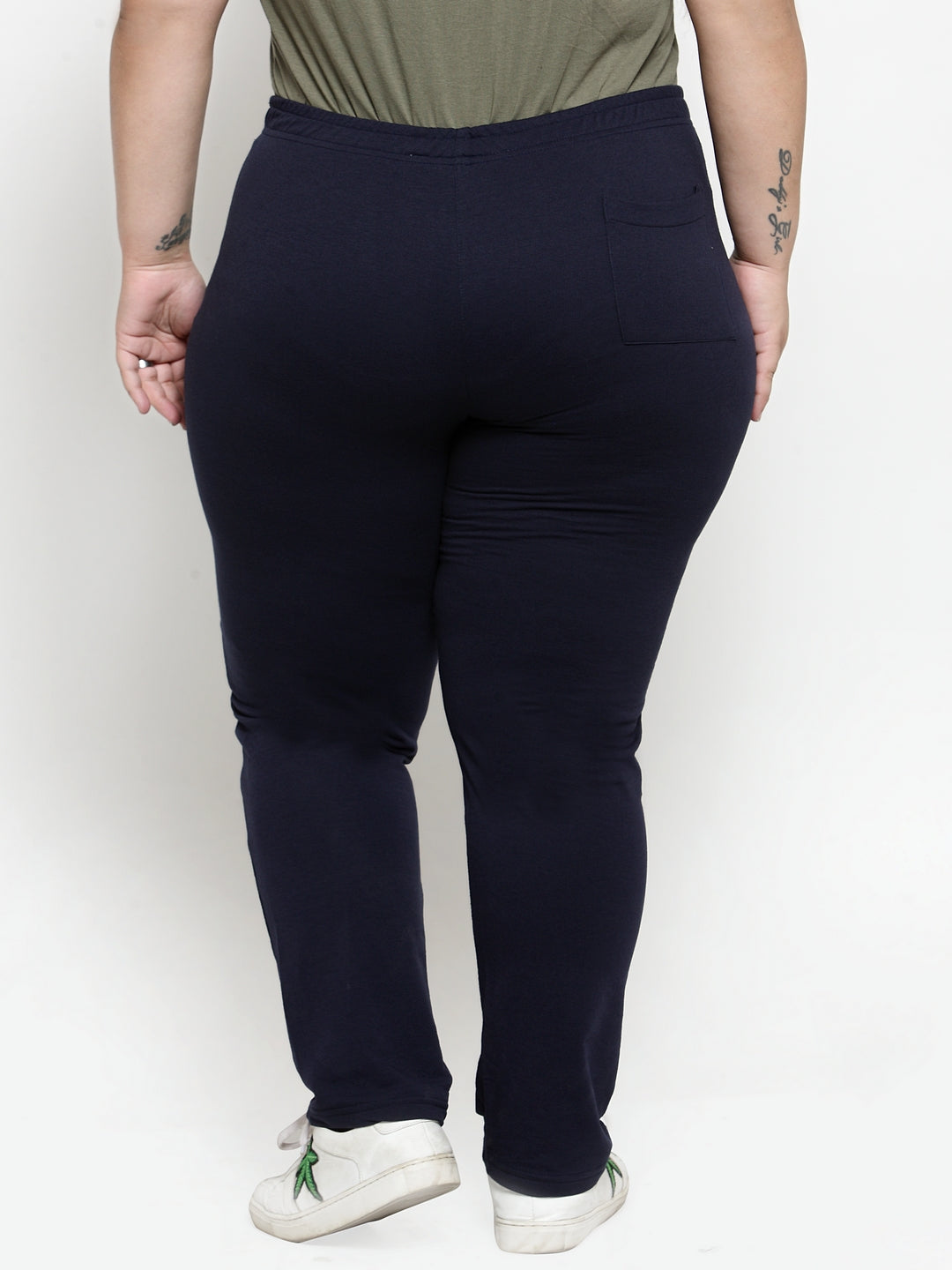 Plus Size Women Navy Blue Solid Straight-Fit Cotton Track Pants