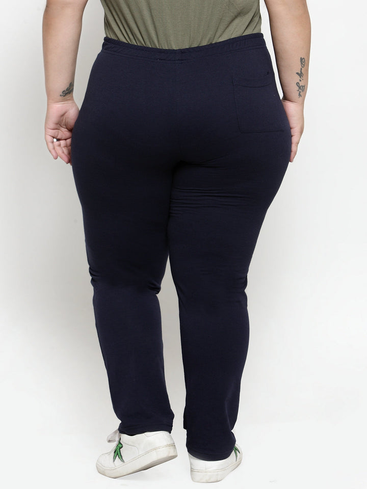 Plus Size Women Navy Blue Solid Straight-Fit Cotton Track Pants