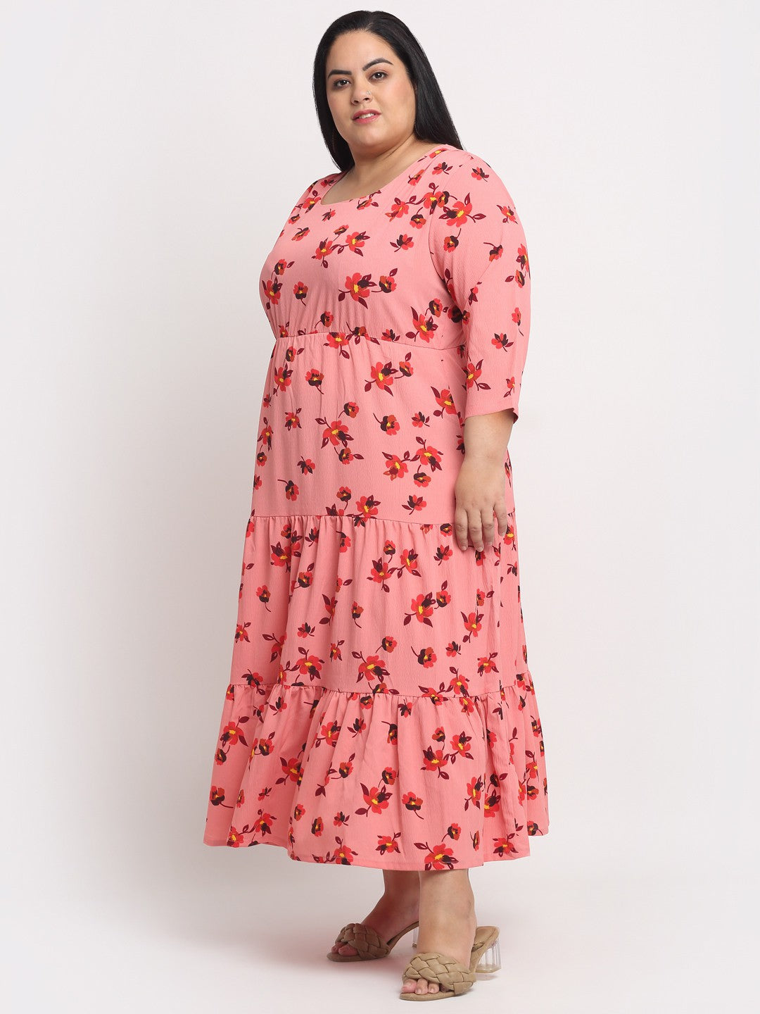Plus Size Peach-Coloured  Orange Floral A-Line Midi Dress