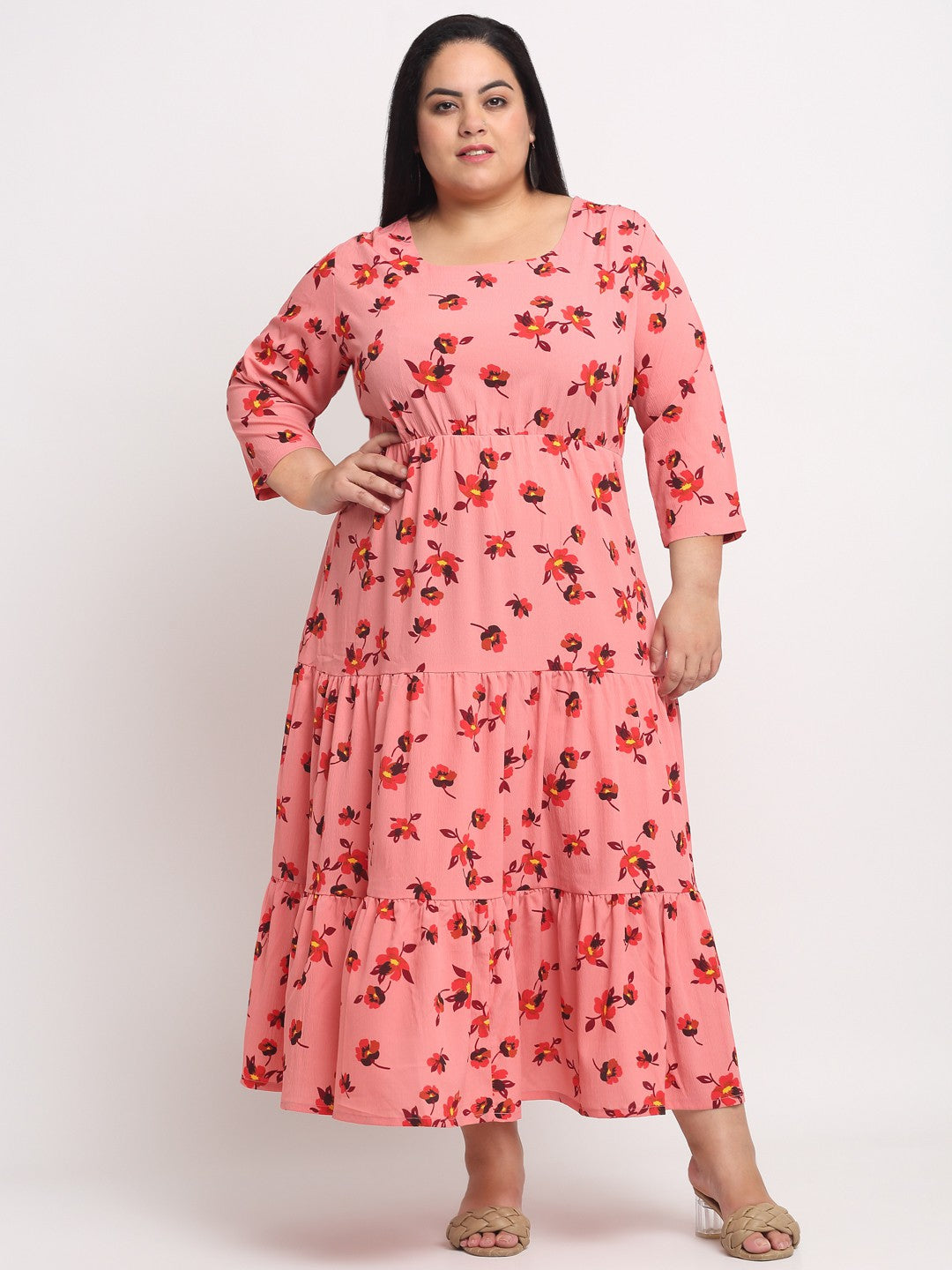 Plus Size Peach-Coloured  Orange Floral A-Line Midi Dress