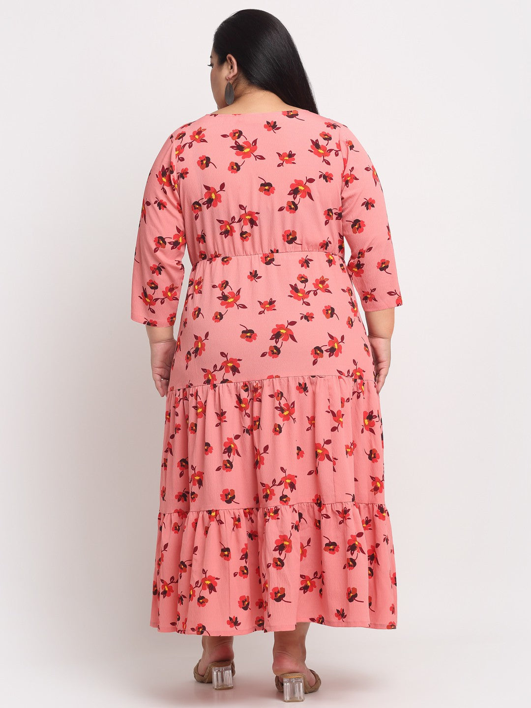 Plus Size Peach-Coloured  Orange Floral A-Line Midi Dress