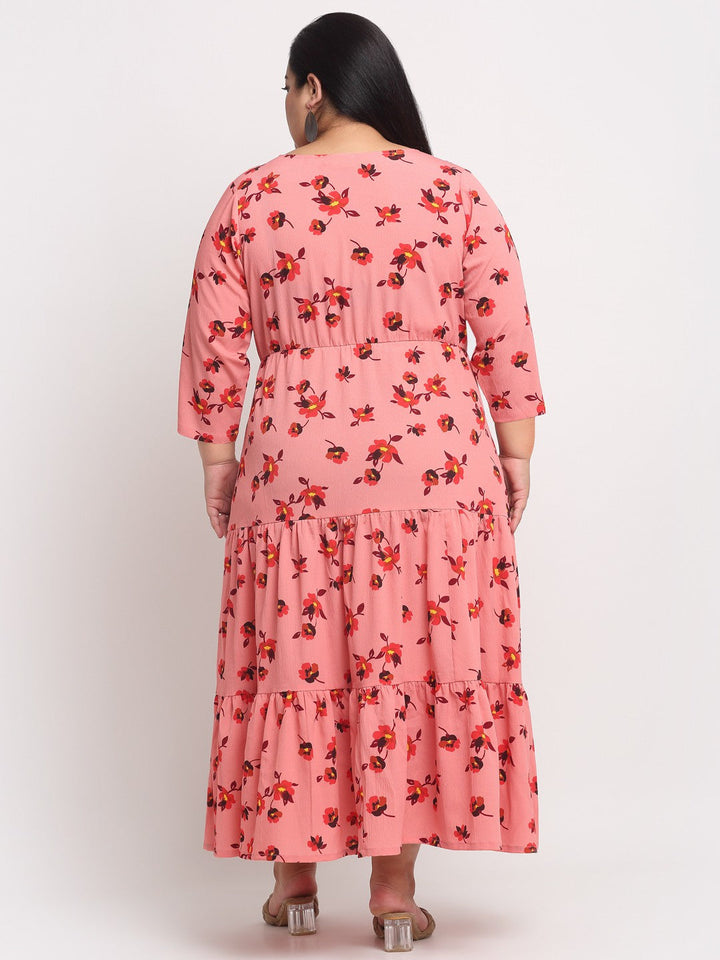Plus Size Peach-Coloured  Orange Floral A-Line Midi Dress