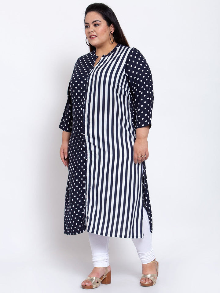 Plus Size Women Navy Blue Printed Kurta