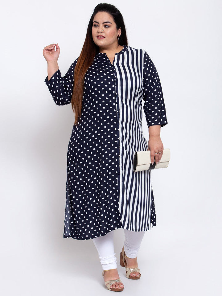Plus Size Women Navy Blue Printed Kurta