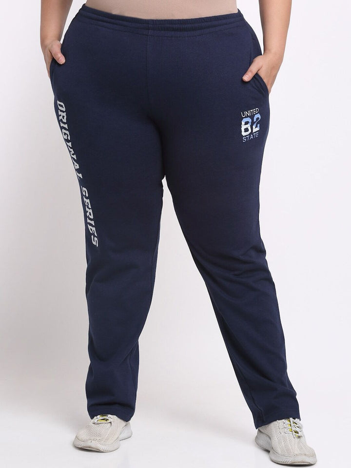 Plus Size Women  Navy Blue Typography Printed Mid Rise Cotton Track Pants