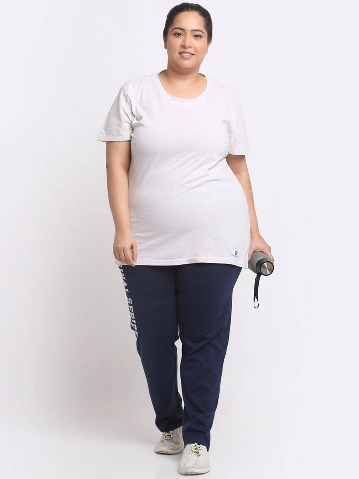 Plus Size Women  Navy Blue Typography Printed Mid Rise Cotton Track Pants