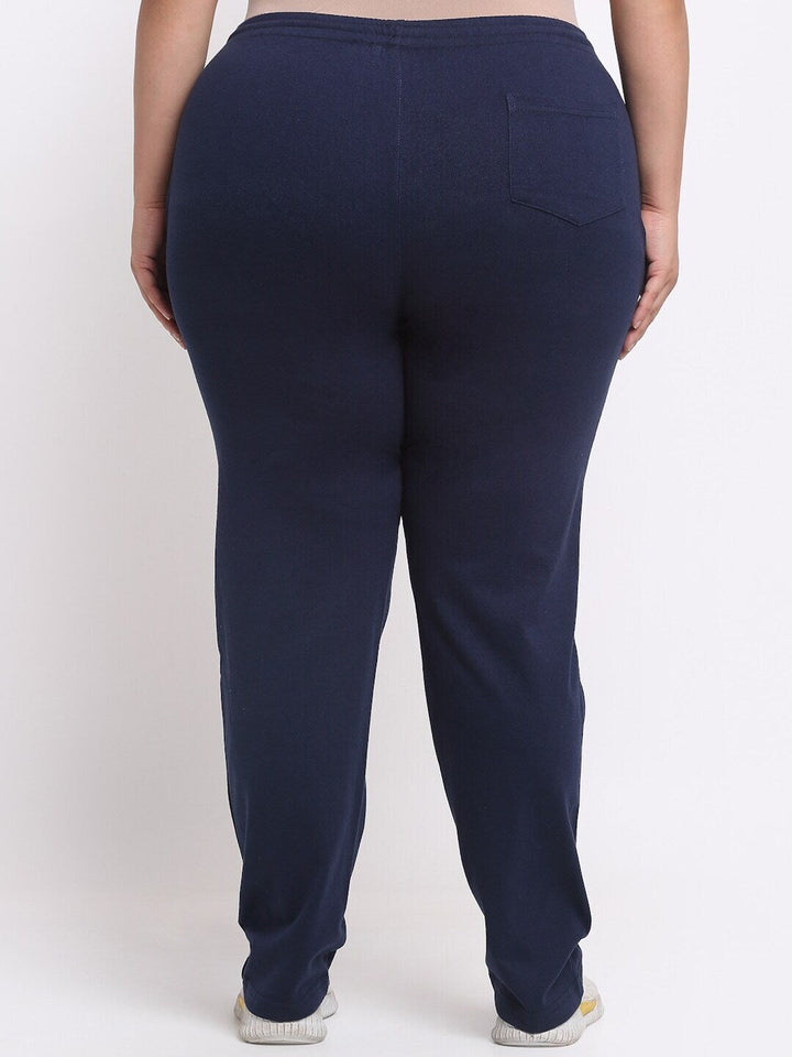 Plus Size Women  Navy Blue Typography Printed Mid Rise Cotton Track Pants