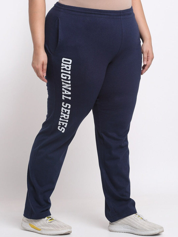 Plus Size Women  Navy Blue Typography Printed Mid Rise Cotton Track Pants