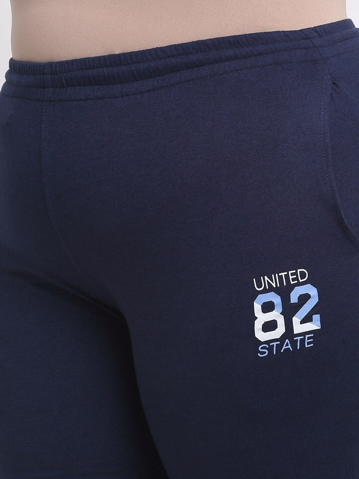 Plus Size Women  Navy Blue Typography Printed Mid Rise Cotton Track Pants