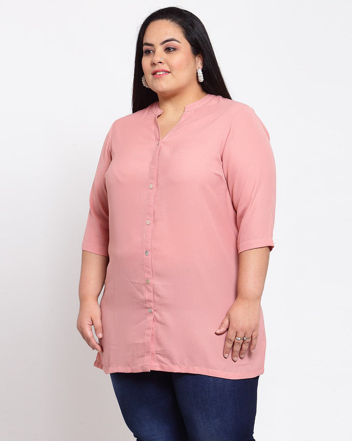 Plus Size Women Pink Mandarin Collar Tunic