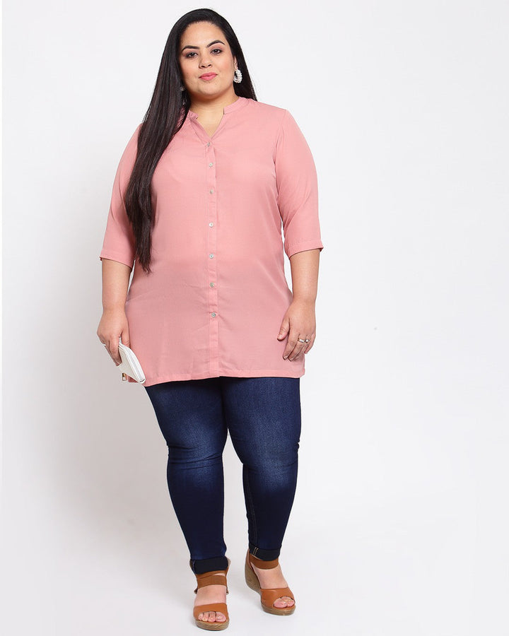 Plus Size Women Pink Mandarin Collar Tunic