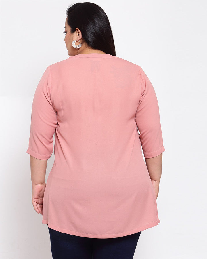 Plus Size Women Pink Mandarin Collar Tunic
