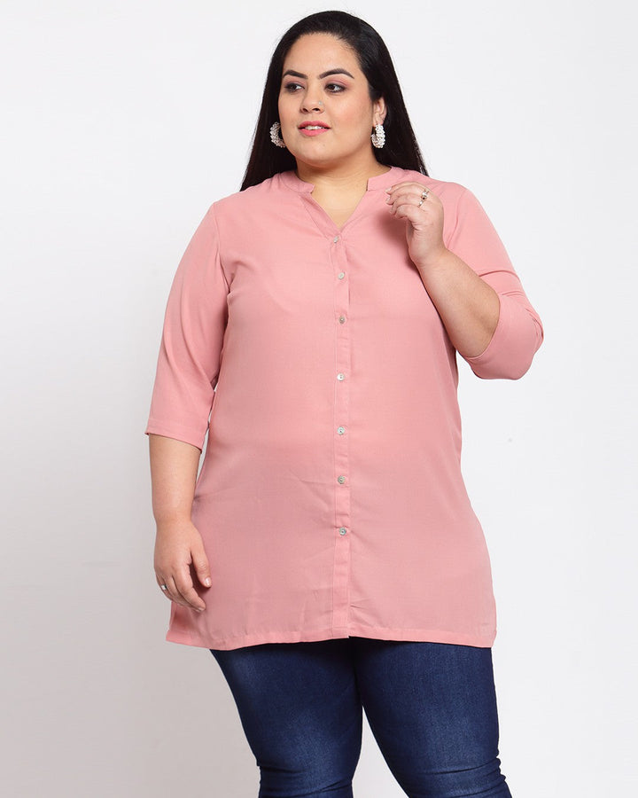 Plus Size Women Pink Mandarin Collar Tunic