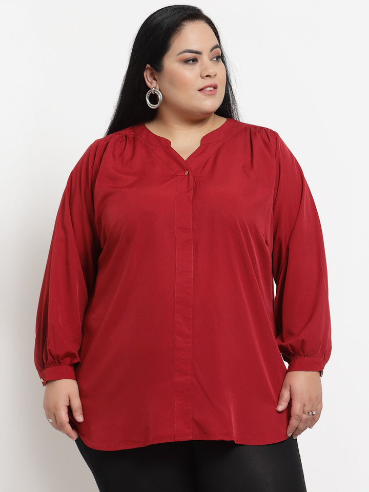 Plus Size Red Plusize Mandarin Collar Top