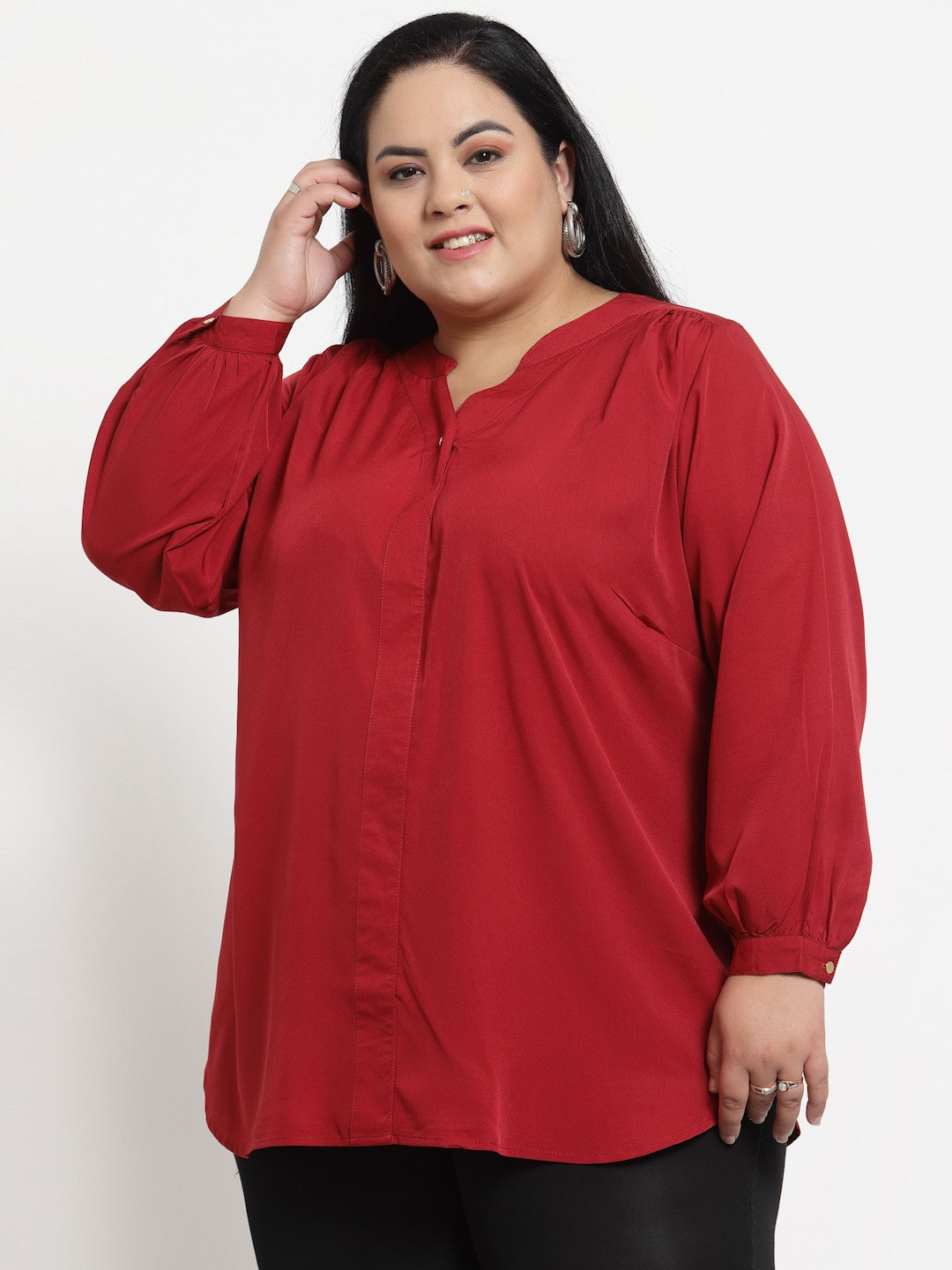 Plus Size Red Plusize Mandarin Collar Top