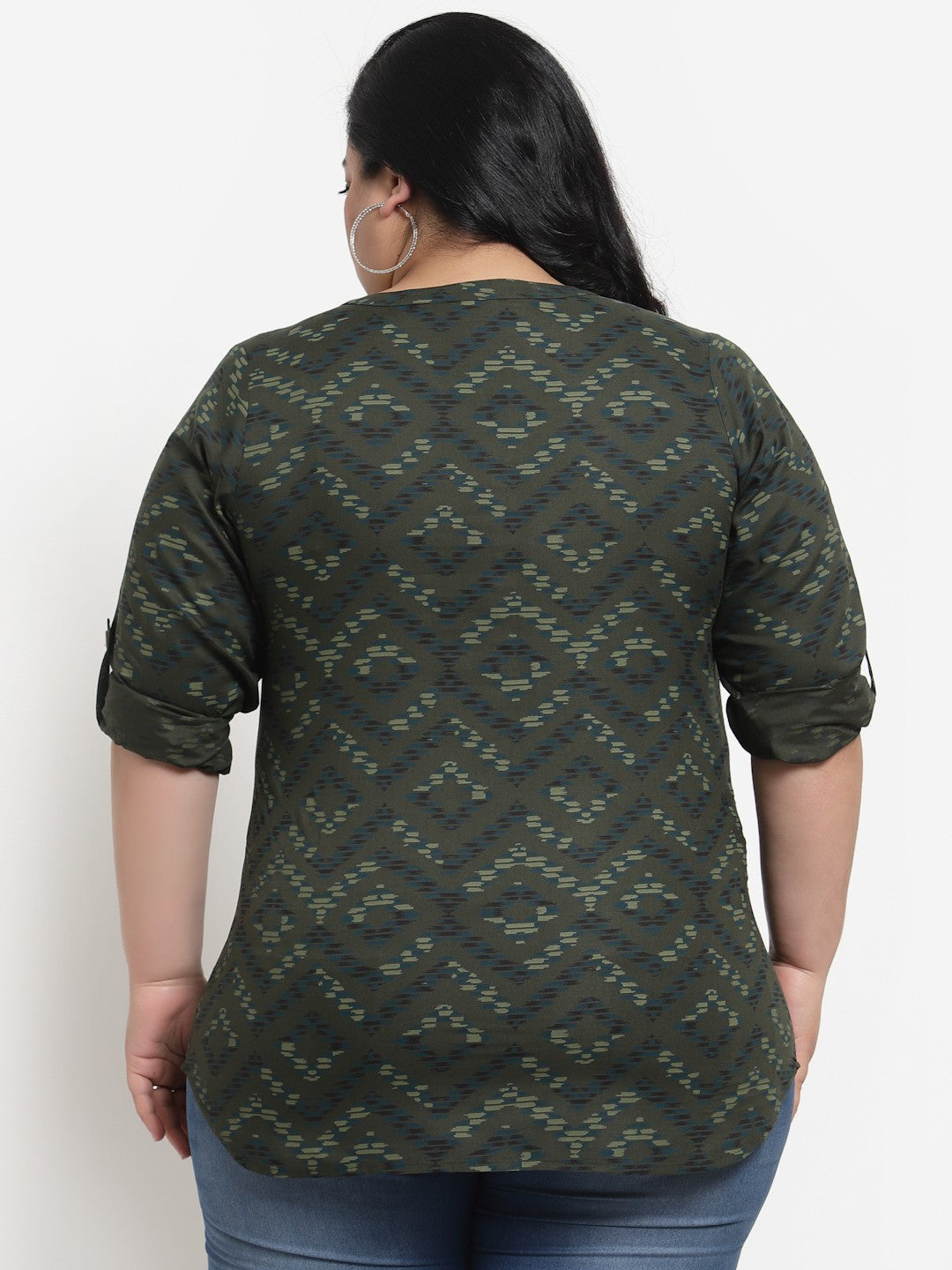 Plus Size Olive Green Floral Print Mandarin Collar Top