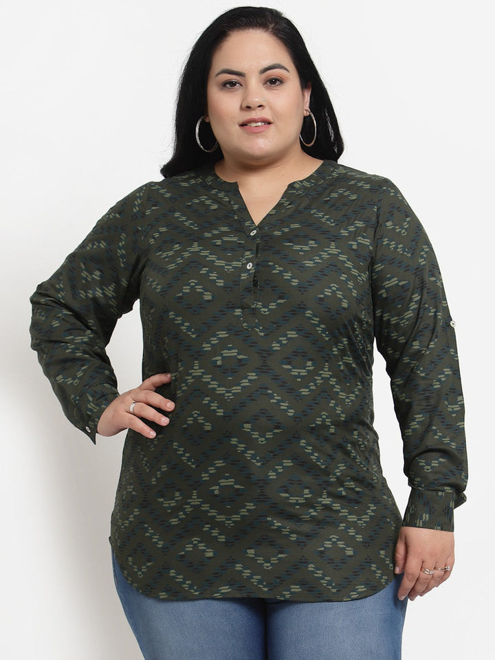 Plus Size Olive Green Floral Print Mandarin Collar Top