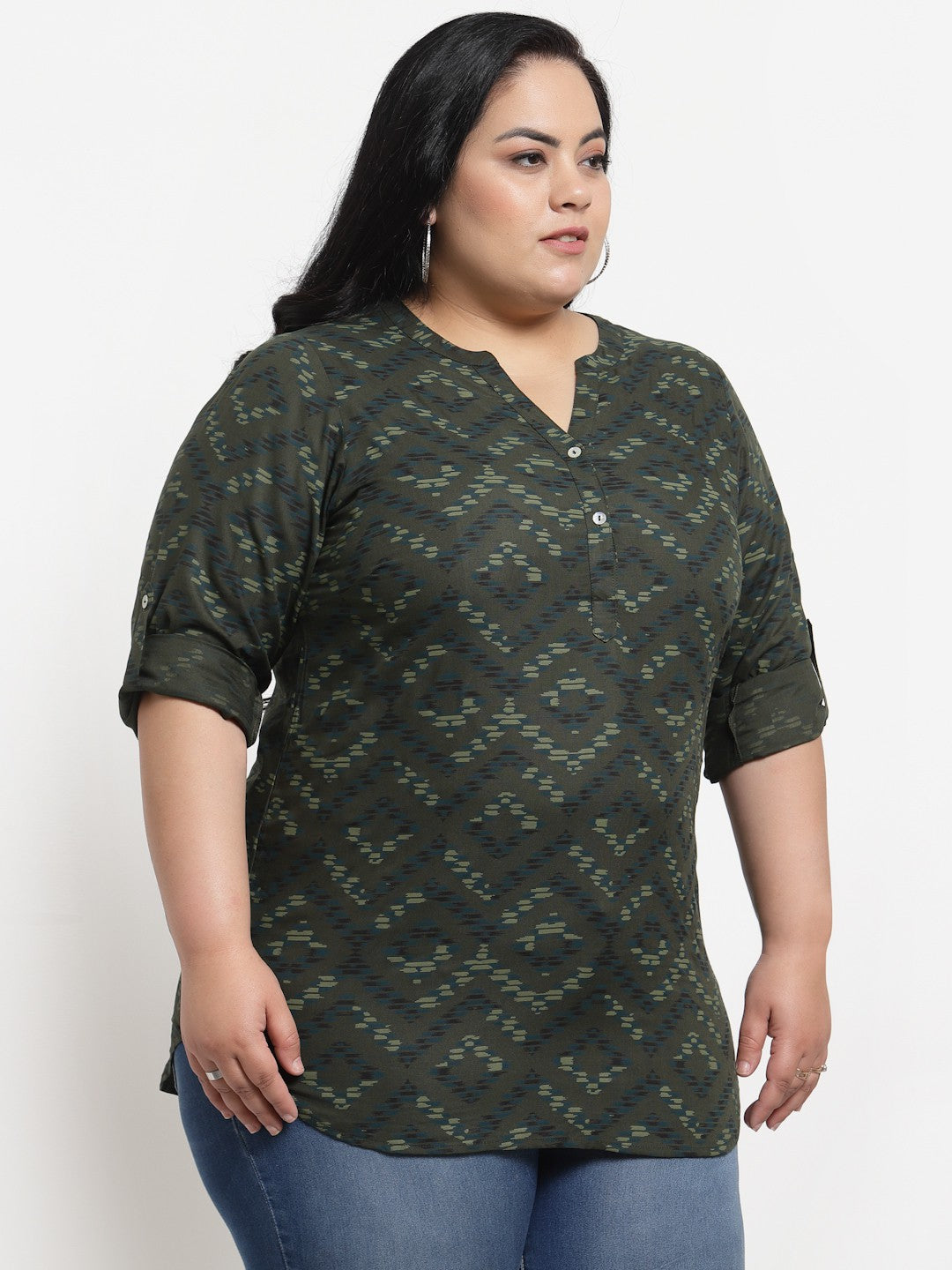 Plus Size Olive Green Floral Print Mandarin Collar Top