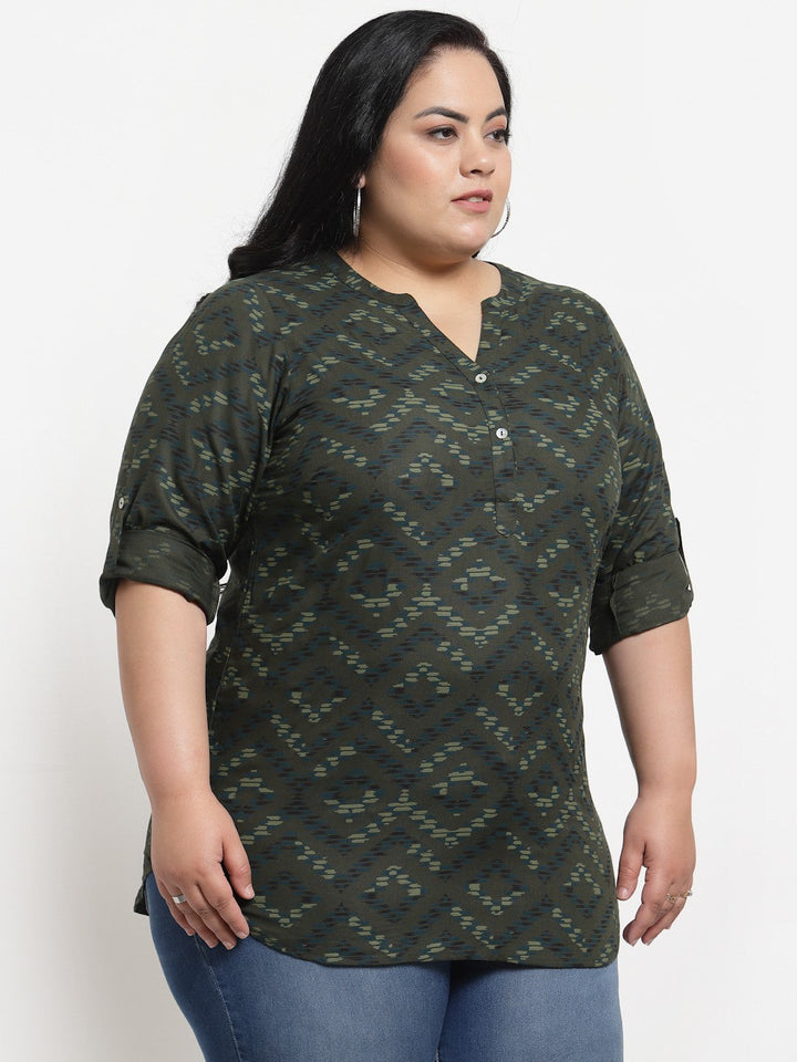 Plus Size Olive Green Floral Print Mandarin Collar Top