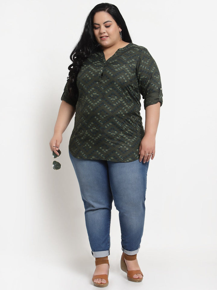 Plus Size Olive Green Floral Print Mandarin Collar Top