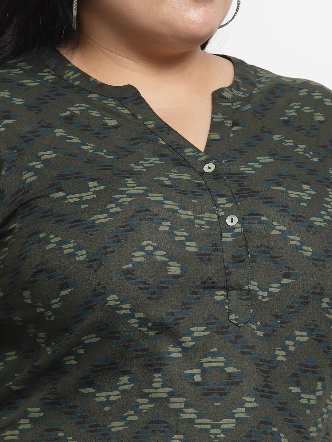 Plus Size Olive Green Floral Print Mandarin Collar Top
