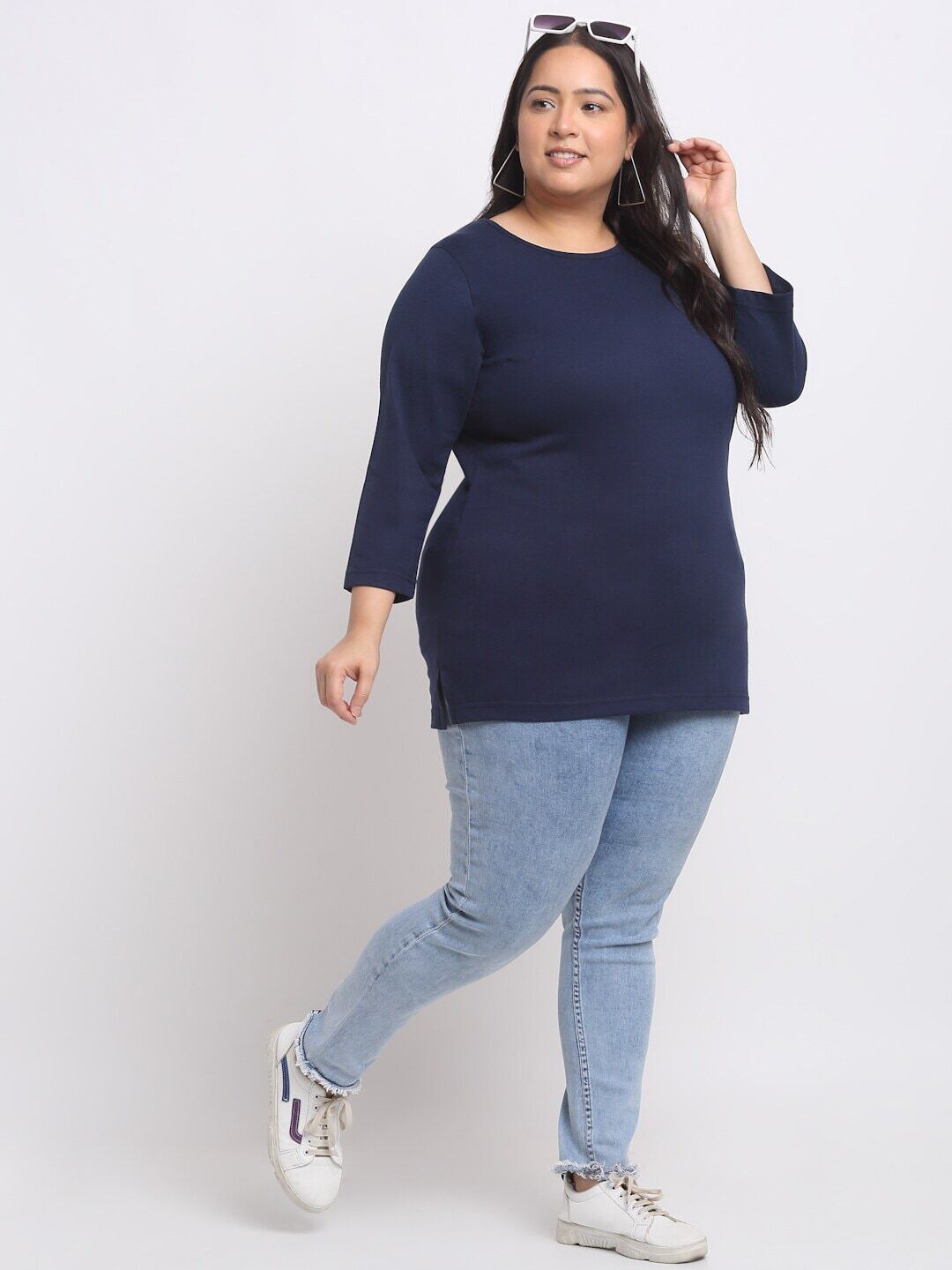 Plus Size   Navy Blue Full Sleeve Longline Cotton T-shirt
