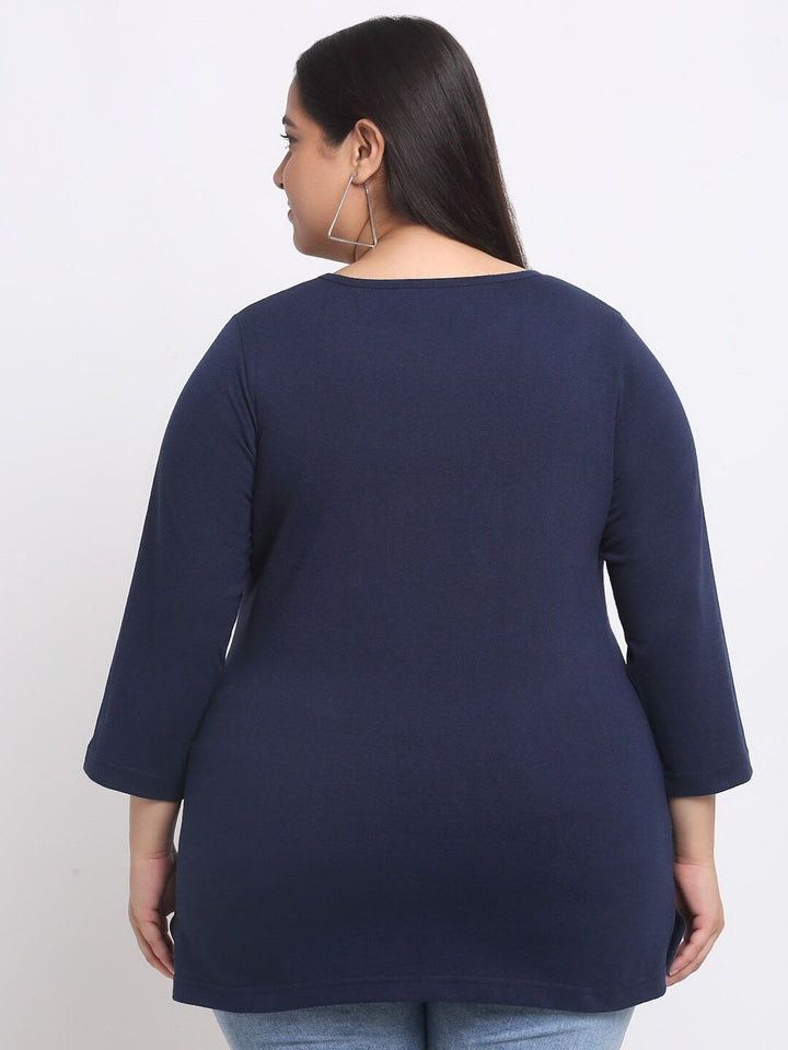 Plus Size   Navy Blue Full Sleeve Longline Cotton T-shirt