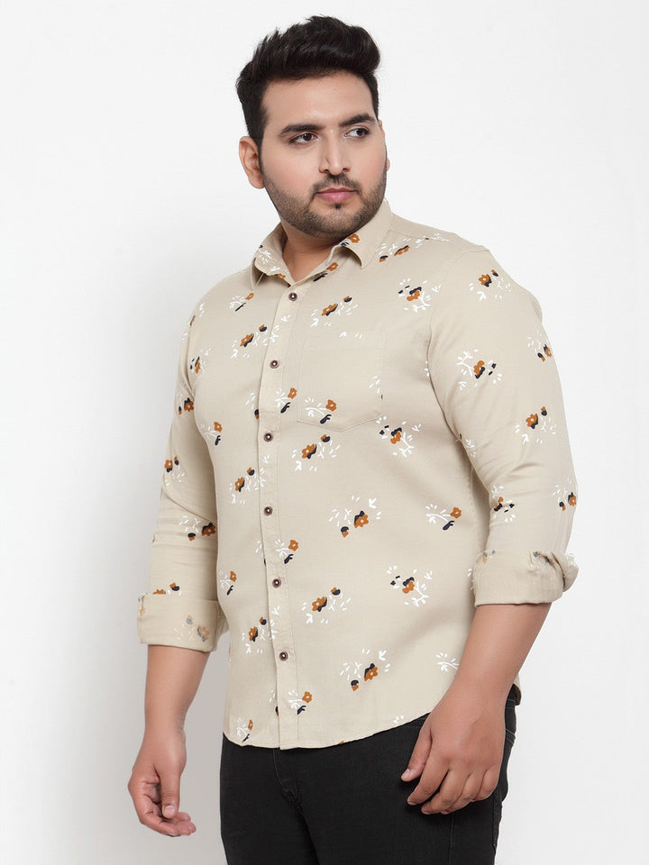 Plus Size Men Beige  Orange Regular Fit Printed Casual Shirt