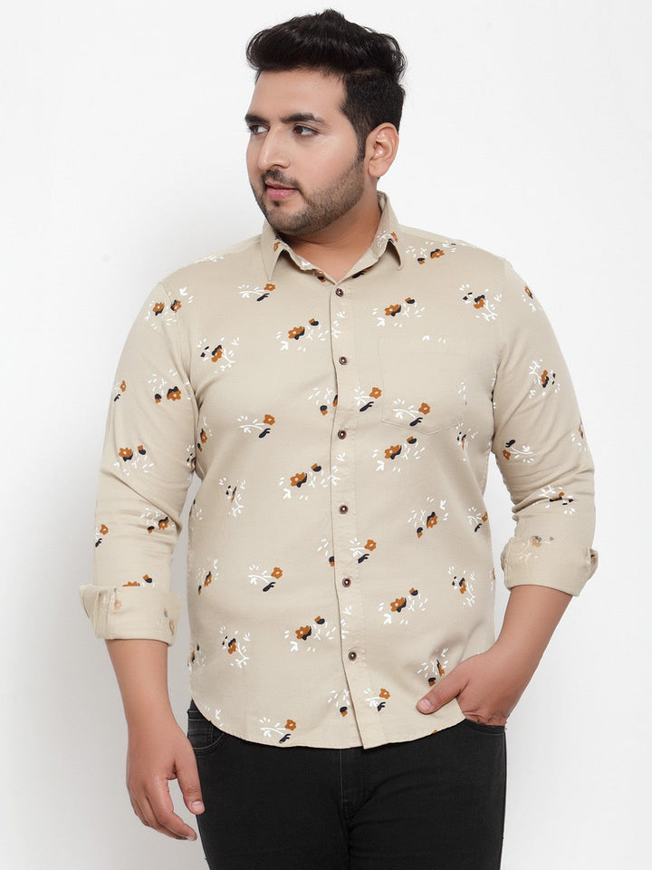 Plus Size Men Beige  Orange Regular Fit Printed Casual Shirt
