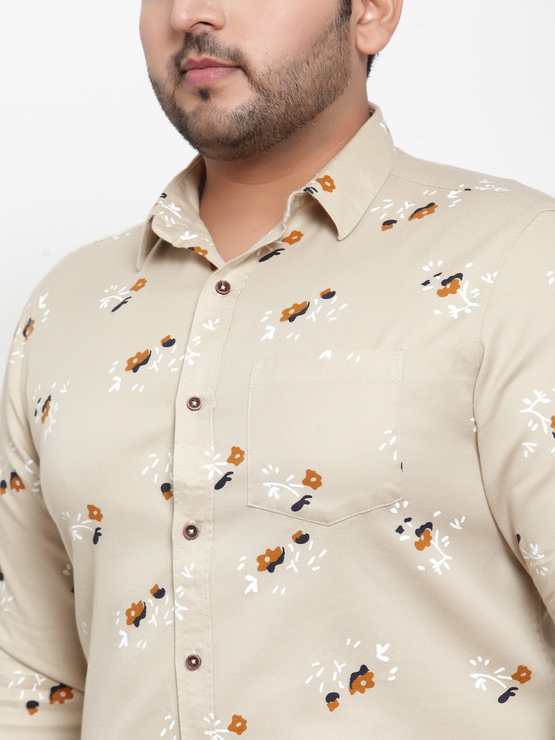 Plus Size Men Beige  Orange Regular Fit Printed Casual Shirt