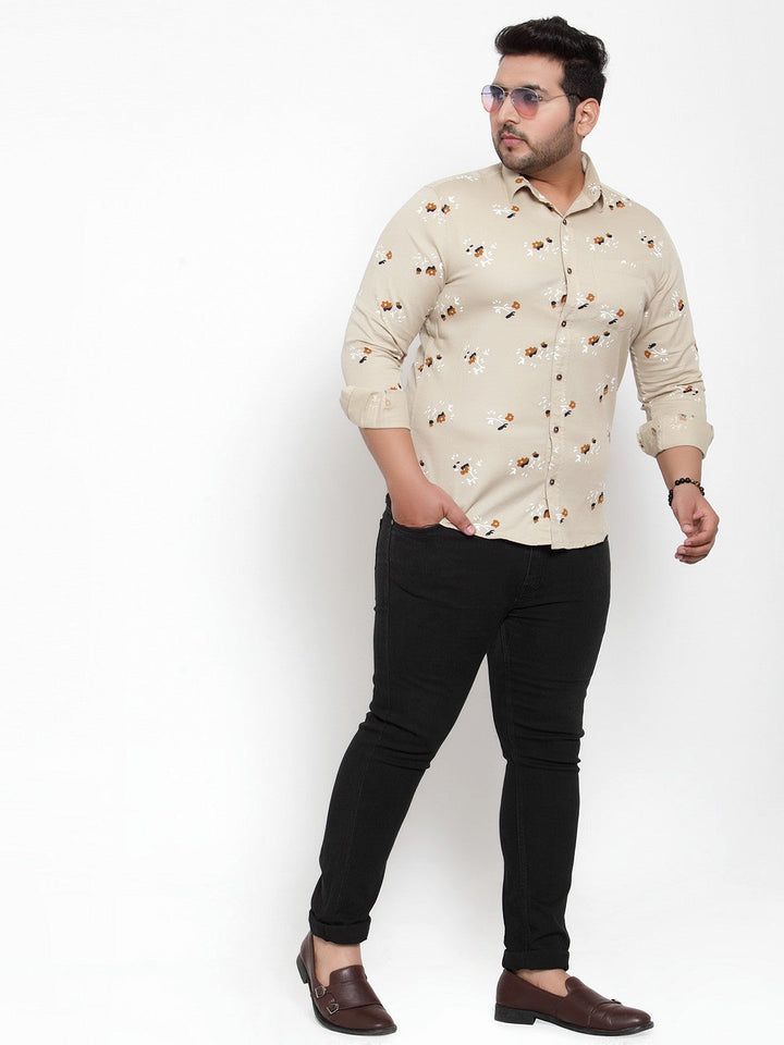 Plus Size Men Beige  Orange Regular Fit Printed Casual Shirt