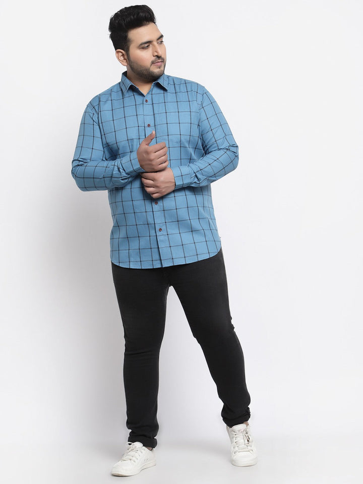 Plus Size Men Blue Tartan Checks Checked Casual Shirt