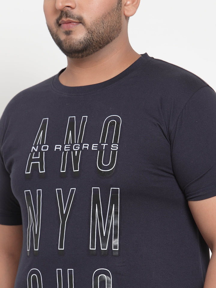 Plus Size Navy Blue Solid Round Neck Pure Cotton T-shirt