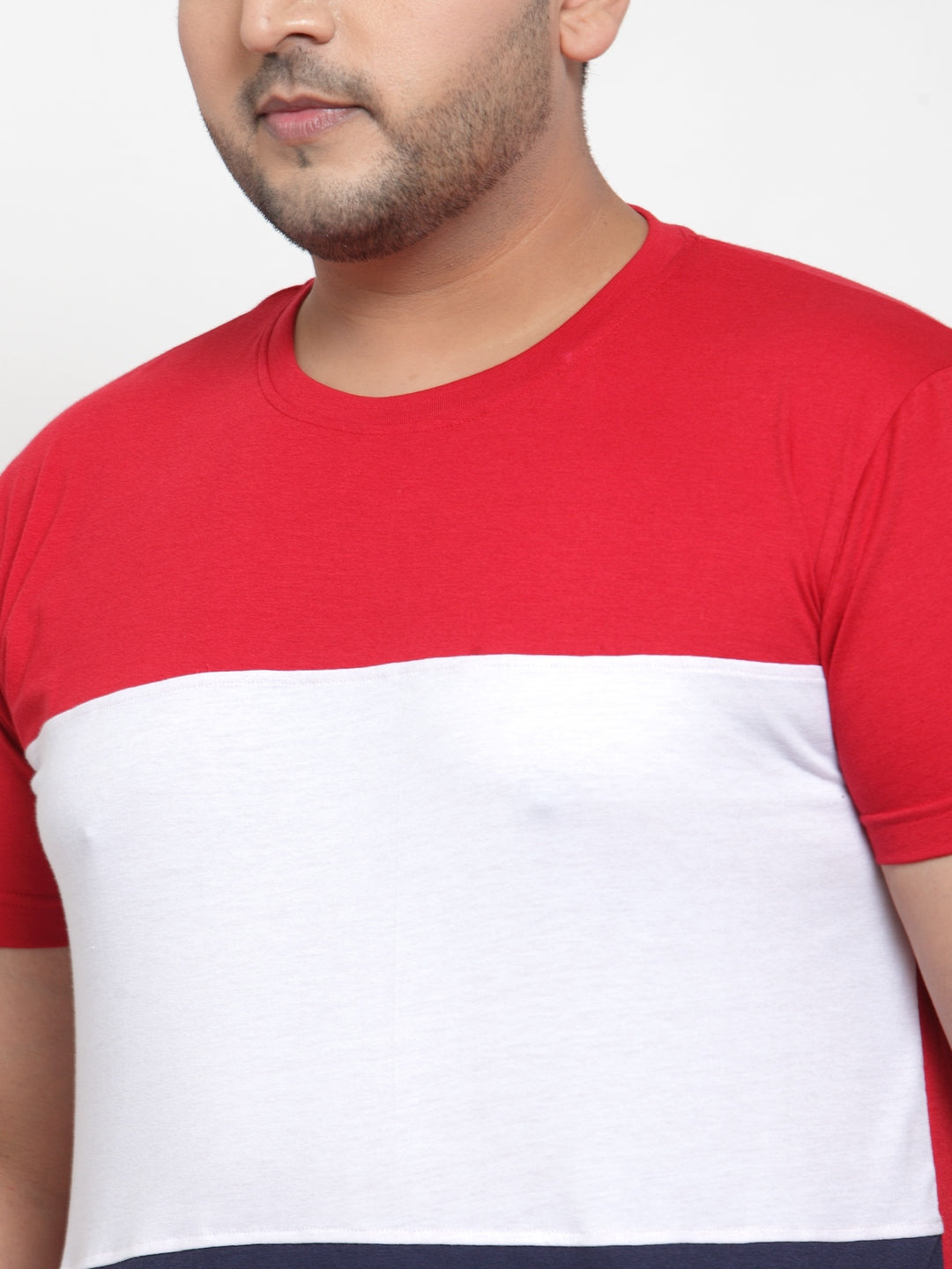 Plus Size Men Red  White Colourblocked Round Neck Pure Cotton T-shirt