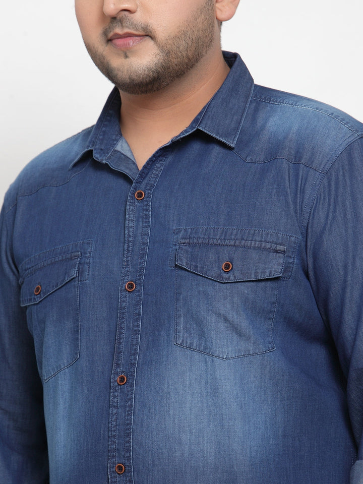 Plus Size Men Blue Regular Fit Solid Casual Denim Shirt