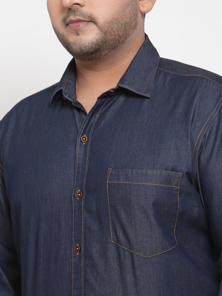 Plus Size Men Blue Regular Fit Solid Casual Denim Shirt
