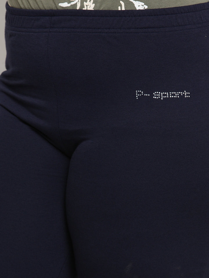Plus Size Women Navy Blue Solid Straight-Fit Cotton Track Pants