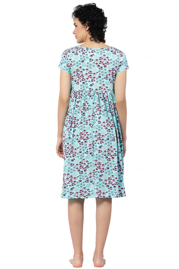 Organic Cotton Maternity Calf-length Nighty-ISML014-Green Print