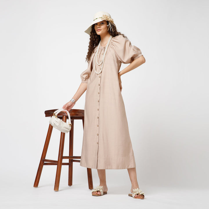 Beige Long Dress With Puff Sleeves