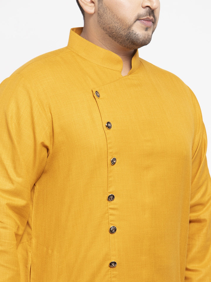 Plus Size Men Mustard Yellow  White Solid Kurta with Pyjamas
