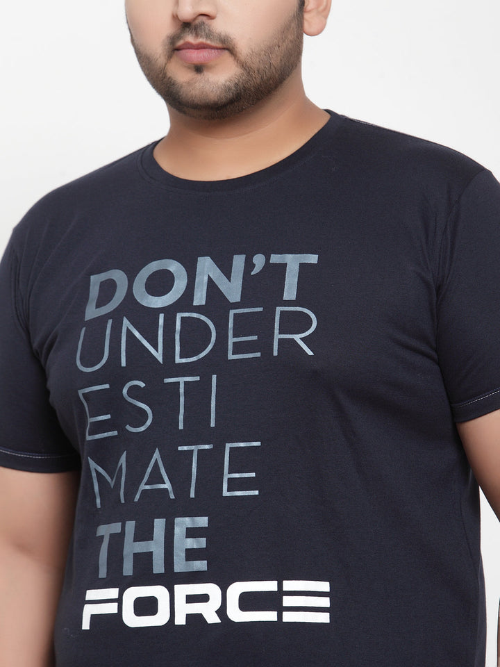 Plus Size Men Navy Blue Printed Round Neck Pure Cotton T-shirt