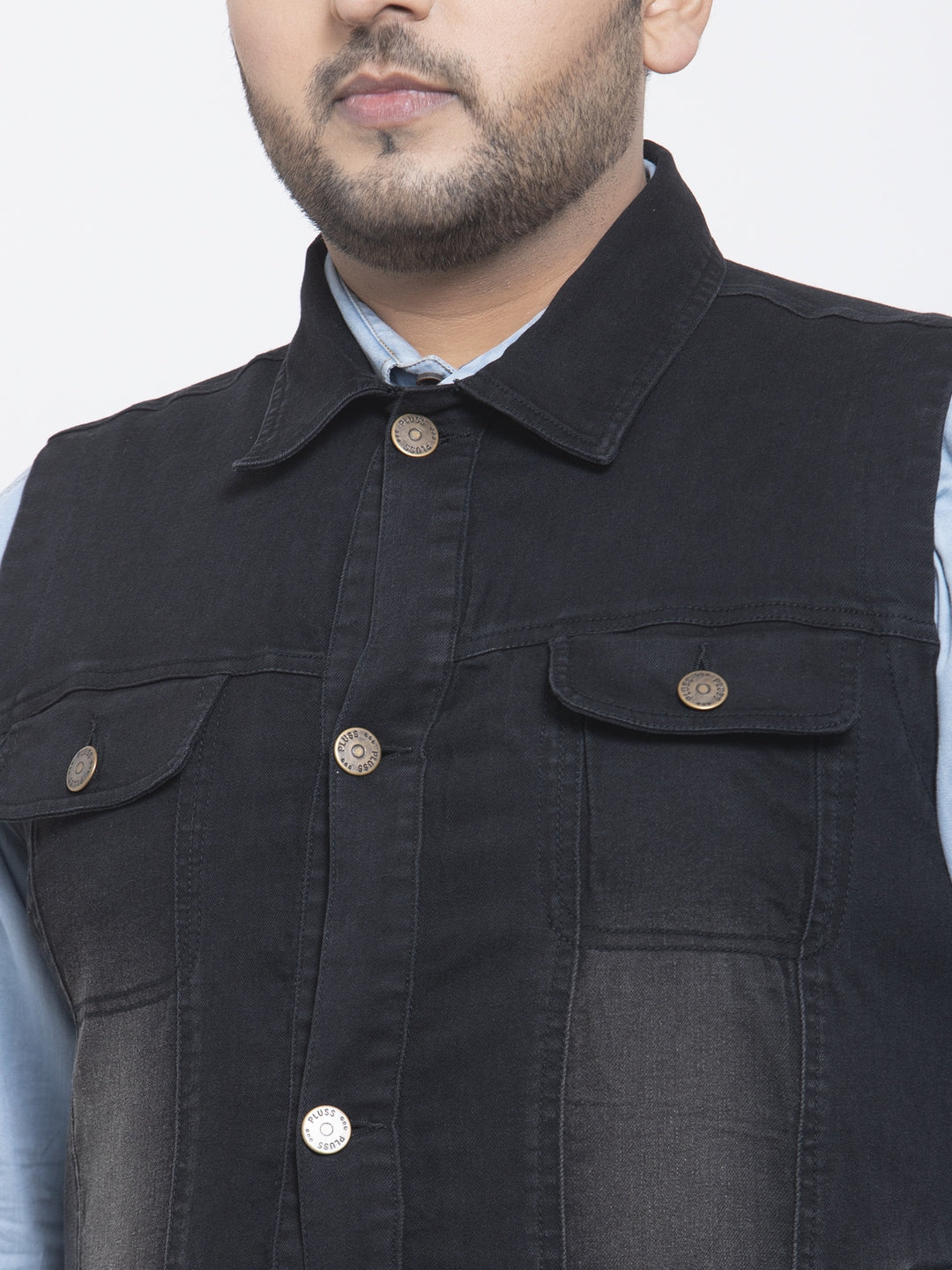 Plus Size Men  Black Solid Sleeveless Denim Jacket