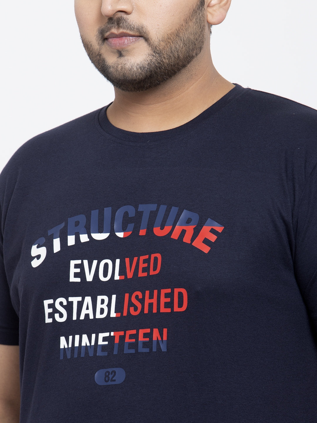 Plus Size Men Navy Blue Printed Round Neck Pure Cotton T-shirt